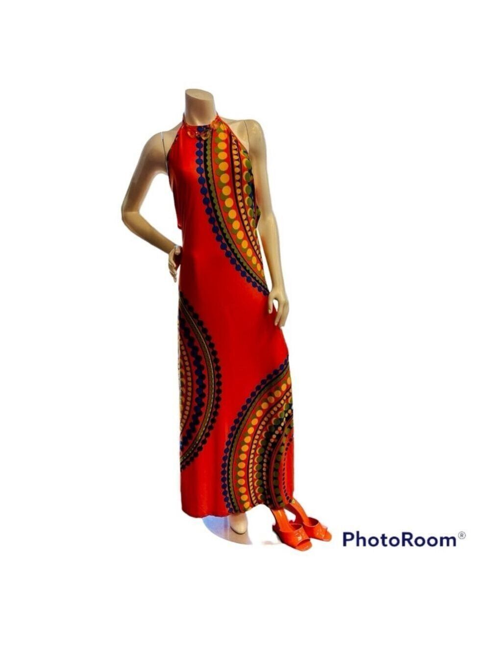 Vintage VENUS Orange Halter Strappy Maxi Dress Medium - Picture 5 of 14